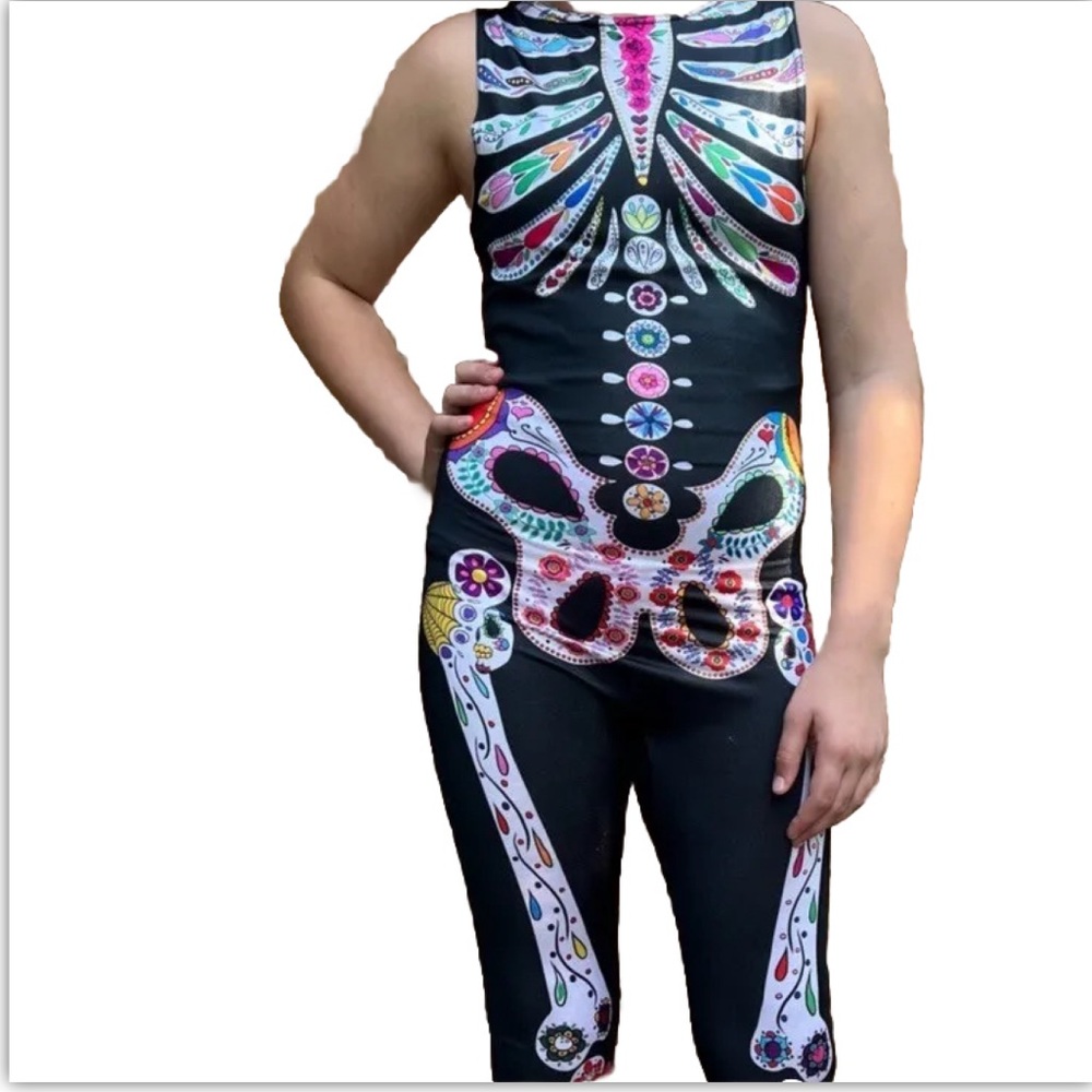 Day of the Dead Bodysuit Adult Small, Long Pants One Piece 💀 Floral & Bright